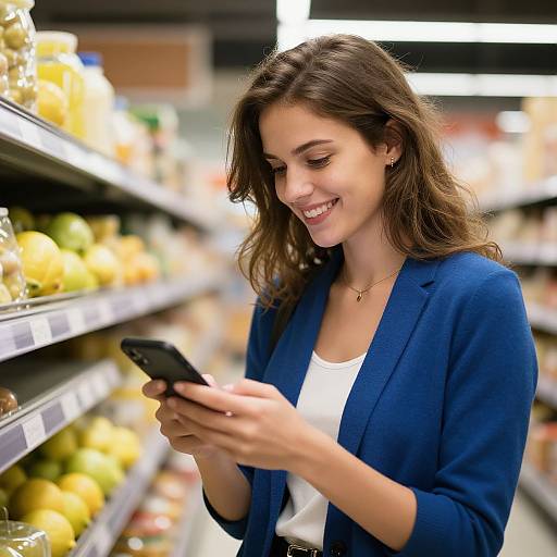 Photograph of a smiling young woman with wavy brown hair, wearing a blue blazer and white top, browsing a smartphone in a brightly lit grocery