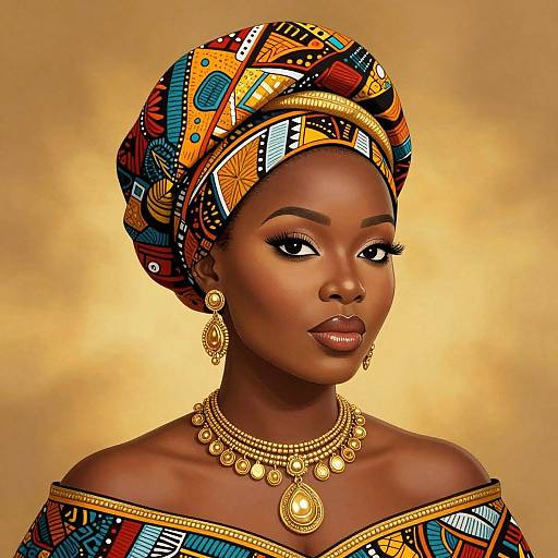 Photograph-style digital portrait of a dark-skinned African woman with a colorful, patterned headwrap, gold jewelry, and off-shoulder dress