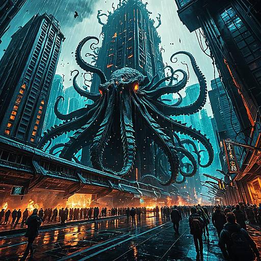 Gigantic Bioluminescent Kraken Attacks Futuristic City
