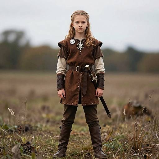 Photograph of a young girl with long blonde hair, wearing a medieval-style brown tunic, black boots, and belt, standing in a grassy