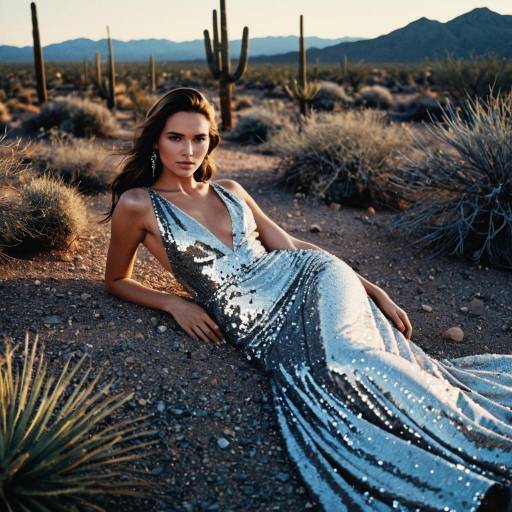 Fashion Model Reclining in Desert at Twilight