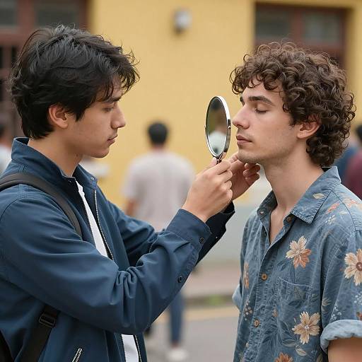 Two Men with Mirror in Outdoor Scene