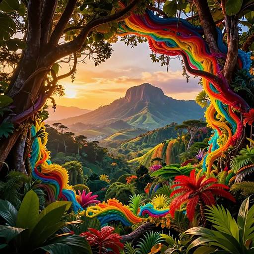 Digital artwork of a vibrant, rainbow-colored jungle framed by twisted trees, with a sunlit mountain and lush greenery in the background.