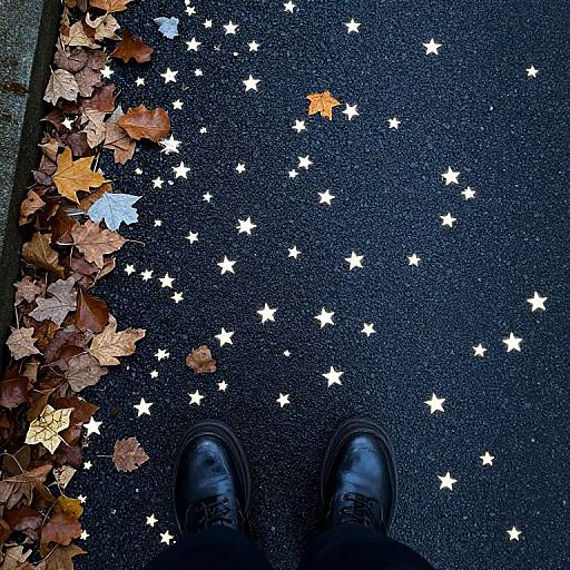 Photograph of dark asphalt with white star patterns, surrounded by colorful autumn leaves; blue shoes at bottom center.
