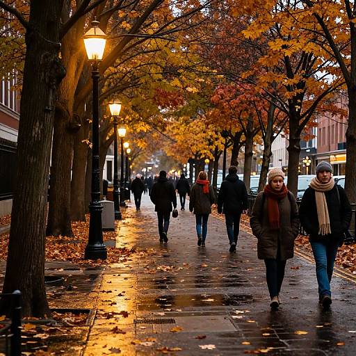 Photograph of a rainy autumn street with people walking under orange-yellow leaves, lampposts, and wet pavement reflecting lights.