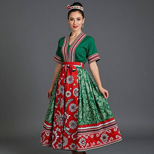 Woman in Traditional Green and Red Outfit