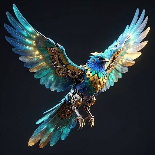 Futuristic Mechanical Bird with Vibrant Feathers