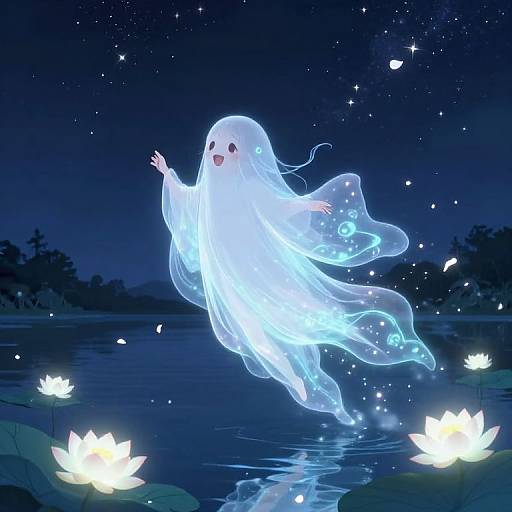 Ghostly figure with glowing blue translucent robe, floating joyfully over a night-lit pond with blooming white lotus flowers and sparkling stars. Digital