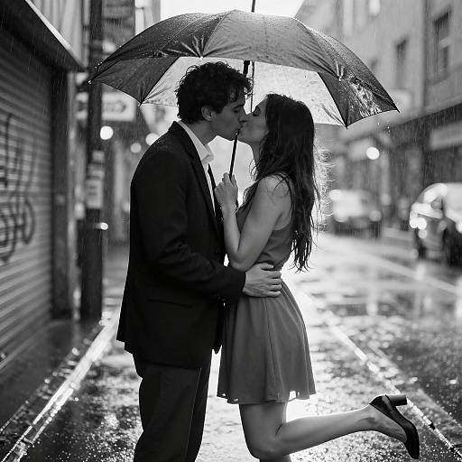 Romantic Rainy Kiss in Urban Cityscape