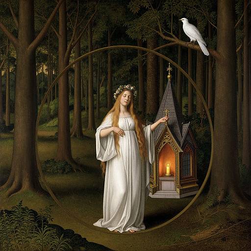 Digital artwork of a serene, long-haired woman in a white dress and floral crown, holding a candle-lit birdhouse in a dark forest, with