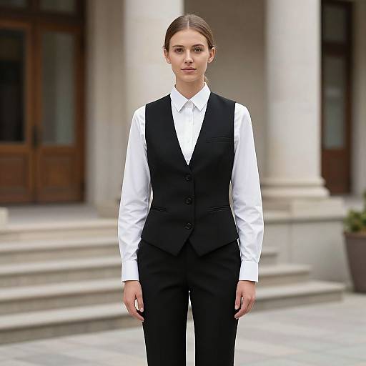 Photograph of a serious, young white woman with brown hair in a sleek bun, wearing a black vest over a white shirt, standing in front of