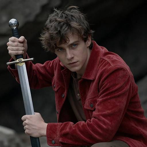 Young Man Holding Sword in Dark Cave
