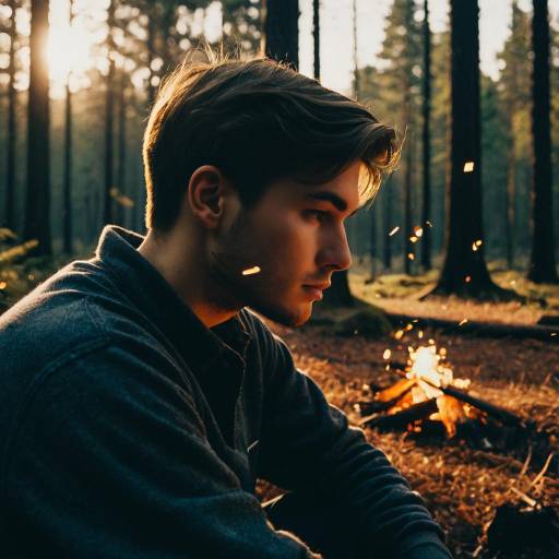 Young Man Contemplating Campfire in Forest Young Man Contemplating Campfire in Forest