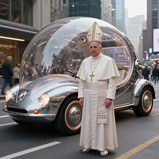 Photograph of a Catholic Pope in white robes and gold mitre standing in front of a silver, bubble-shaped car on a city street. Urban background