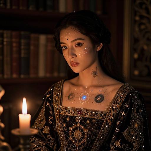 Photograph of an ethereal young woman with glowing face markings, wearing an ornate black dress, illuminated by soft candlelight in a dimly lit