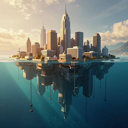 Digital artwork of a futuristic cityscape with towering skyscrapers reflecting in a calm, blue lake at sunset, with sailboats anchored below the water's