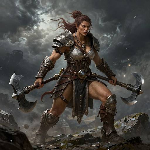 Digital fantasy artwork of a muscular, fierce female warrior with dark hair in a ponytail, wielding double axes, armored in metal and leather, standing on
