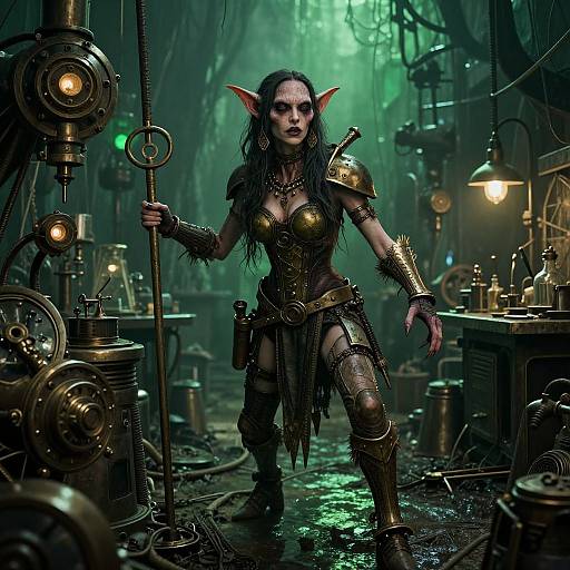 Digital art of a fierce, dark-haired, elven woman in steampunk armor, wielding a staff in a dimly lit, green-ting