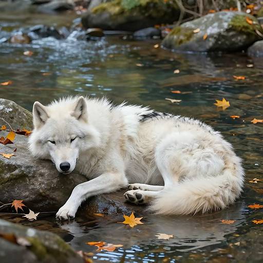 Photograph of a white wolf with fluffy fur, lying on a rock in a shallow stream, surrounded by autumn leaves.