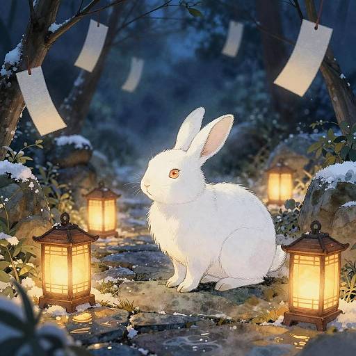 Mystical Hare in Snowy Lantern Garden