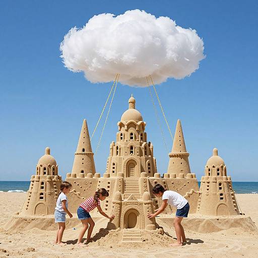 Photograph of two children building a sandcastle with a cloud hovering above, held by invisible strings, on a sunny beach.