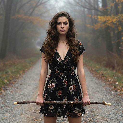 Young Woman Standing on Foggy Forest Path
