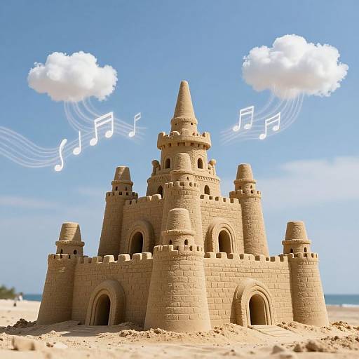 Photograph of a sandy castle on a beach with white music notes and clouds above, under a clear blue sky.