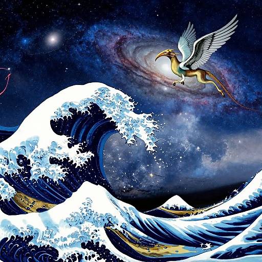 Digital artwork of a winged golden lion with a long tail soaring above crashing, snow-covered ocean waves under a starry, galaxy-filled sky.