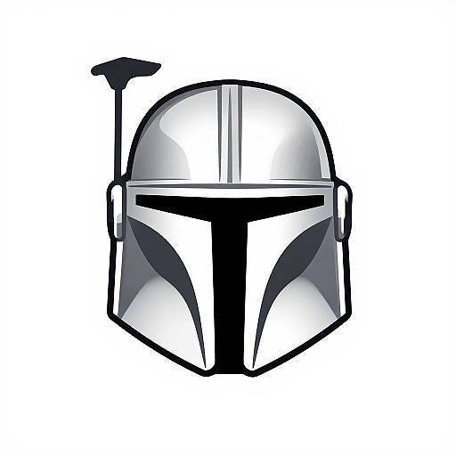 Digital drawing of a stylized Mandalorian helmet with black and white accents, a prominent T-shaped visor, and a vertical antenna on the left.