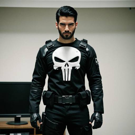 Man Wearing Punisher Suit Costume Indoors