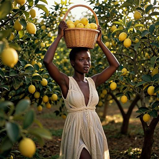 Photograph of a dark-skinned woman in a white, lace-trimmed dress, holding a basket of lemons over her head in a sun