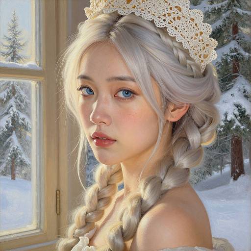 Digital painting of a fair-skinned, blue-eyed young woman with long, braided silver hair, wearing a white lace crown, gazing out a