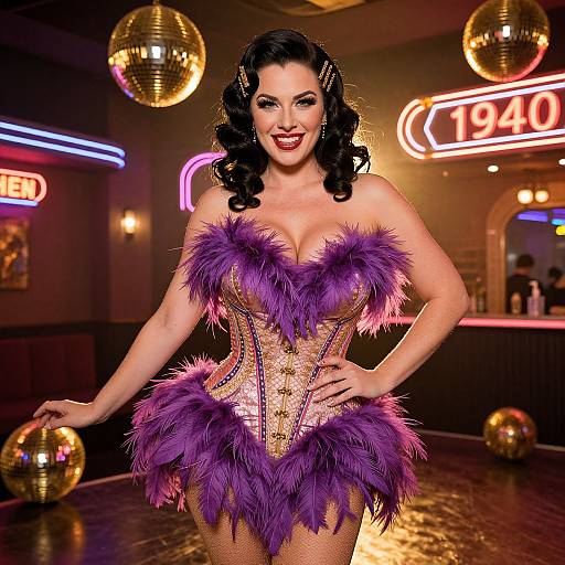 Glamorous woman in a purple feathered corset dress, standing in a neon-lit nightclub with mirrored balls, striking a confident pose. Photograph