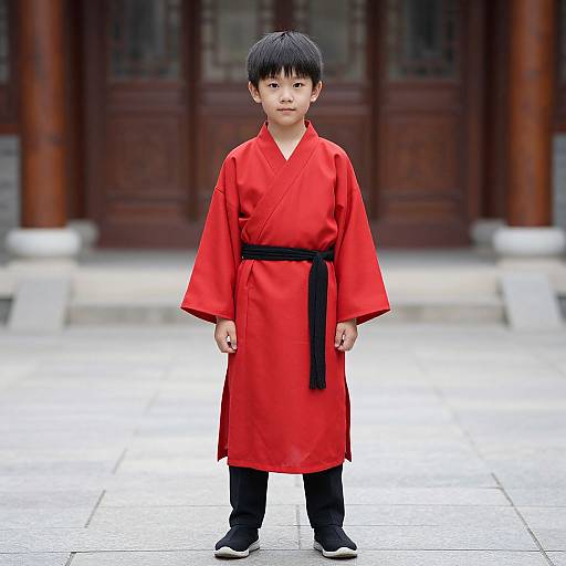 Photograph of an Asian boy with straight black hair, wearing a bright red karate gi with black belt, black pants, and white shoes, standing