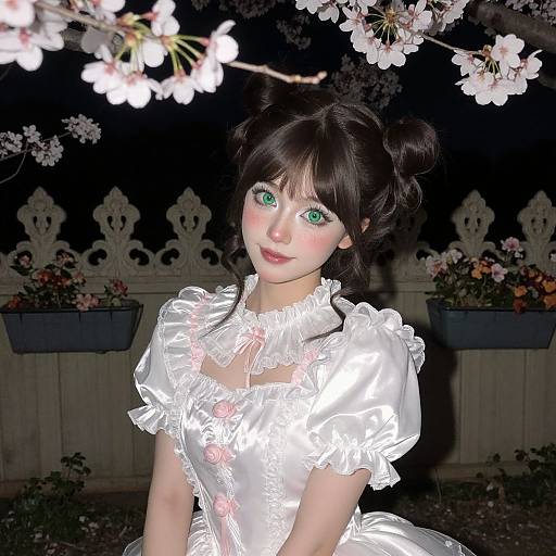 Photograph of a young woman with green eyes, wearing a white, frilled, lace dress, standing under cherry blossoms at night.