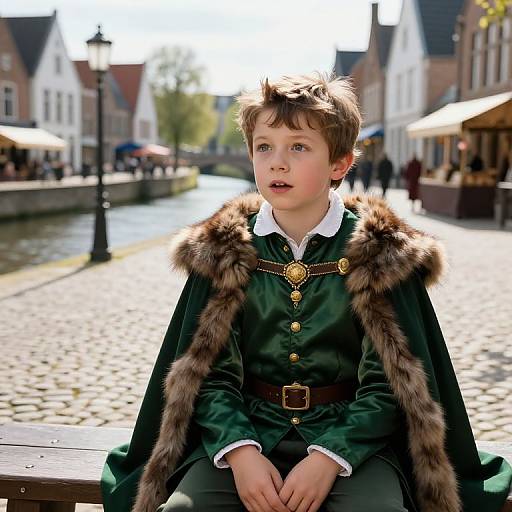 Young boy in medieval-style green cloak with fur trim, sitting on a cobblestone street in a sunny, European town. Photograph.