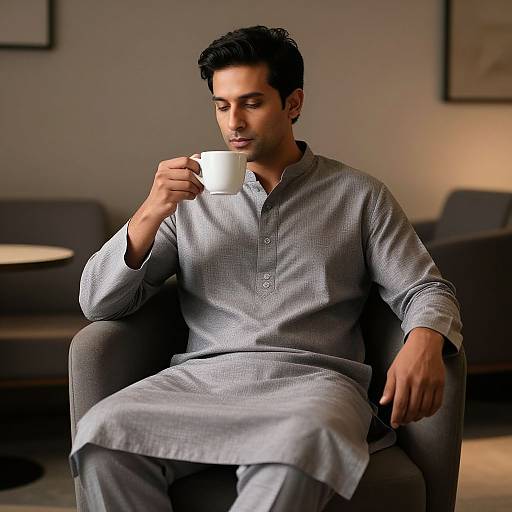 Photograph of a handsome South Asian man with short black hair, wearing a gray traditional kurta, sitting in a modern living room, holding a white