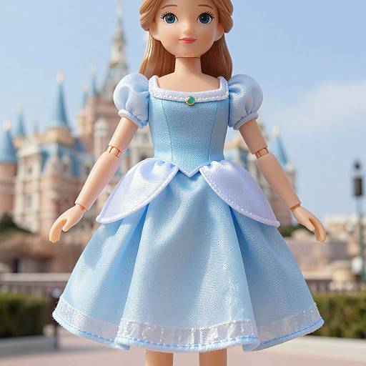Photograph of a blue-eyed, blonde doll in a light blue, textured, Disney-style princess dress, standing in front of a blurred, sunlit