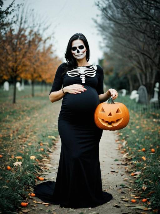 Pregnant Woman in Skeleton Dress Holding Pumpkin