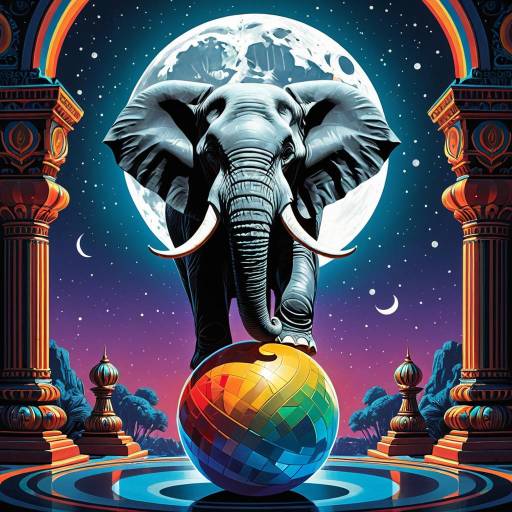 Elephant Balancing on Colorful Ball with Moon