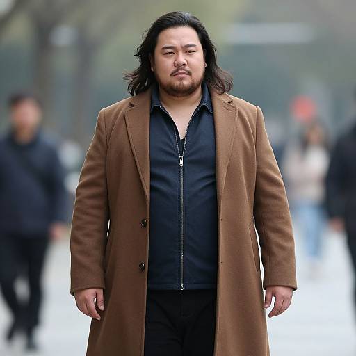 Photograph of a heavyset Asian man with long black hair, beard, wearing a brown coat over a black zip-up shirt, walking in a blurred