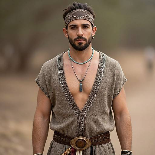 Photograph of a bearded man with dark hair, wearing a brown headband, deep V-neck, patterned tunic, leather belt, and