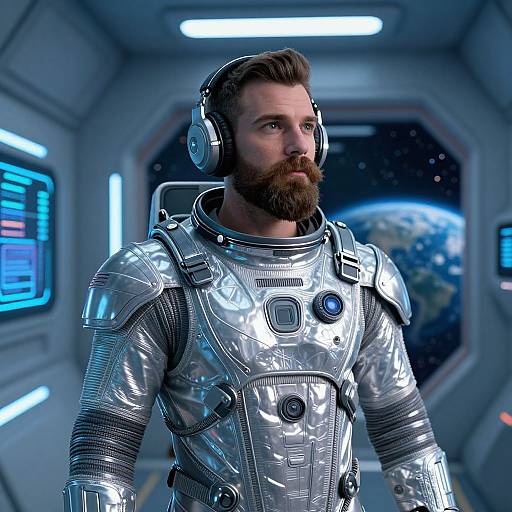Futuristic Bearded Astronaut in Space Station