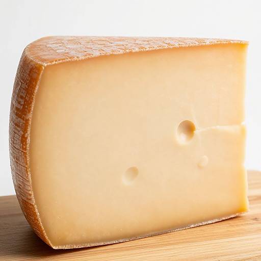 Photograph of a wedge of Swiss cheese with a smooth, creamy yellow interior, small holes, and a textured brown rind, placed on a wooden