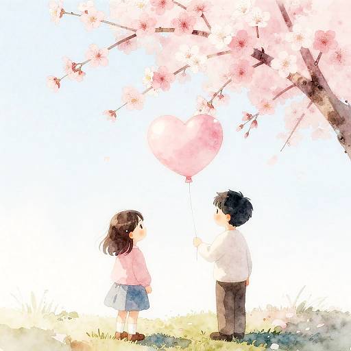 Children with Heart Balloon Under Cherry Blossoms