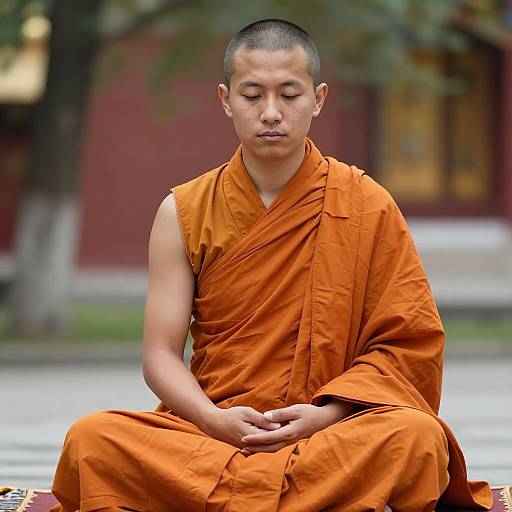 Photograph of a young male Buddhist monk with shaved head, closed eyes, and orange robe, sitting cross-legged in a serene outdoor setting.
