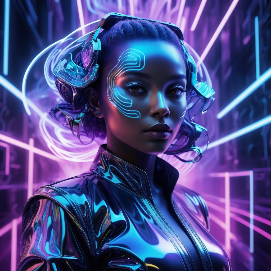 Futuristic Holographic Woman in Neon Chaos