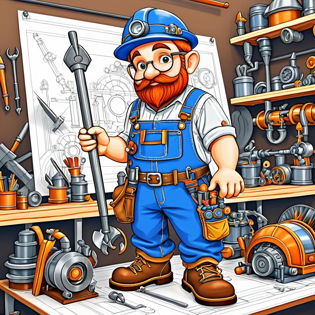 Fantasy Gnome Engineer Workshop Coloring Page