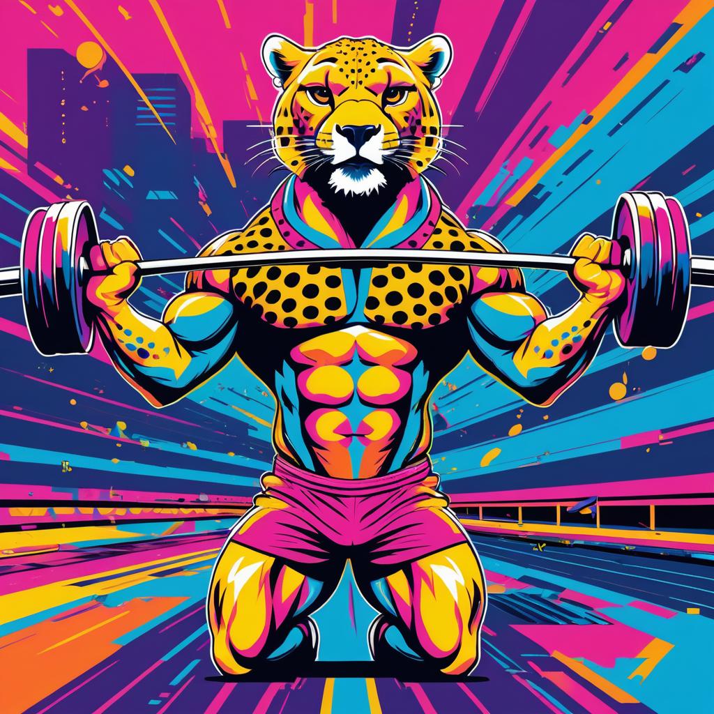 Muscular Cheetah Lifting Barbell in Pop Art