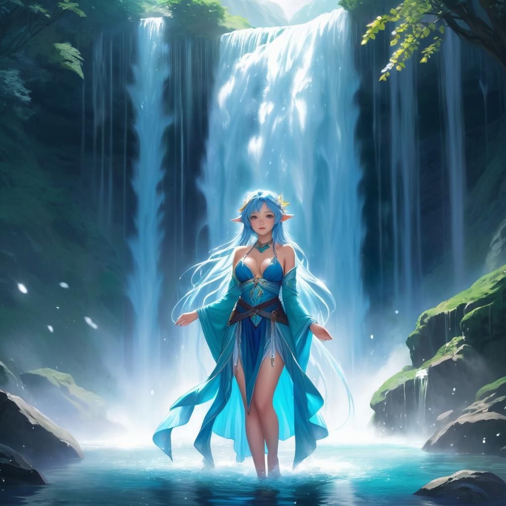 Mythical Sorceress Under Waterfall Art